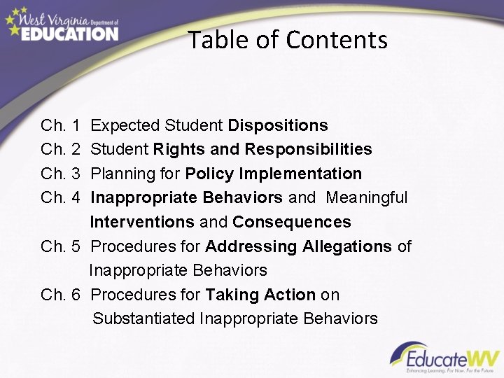Table of Contents Ch. 1 Ch. 2 Ch. 3 Ch. 4 Expected Student Dispositions