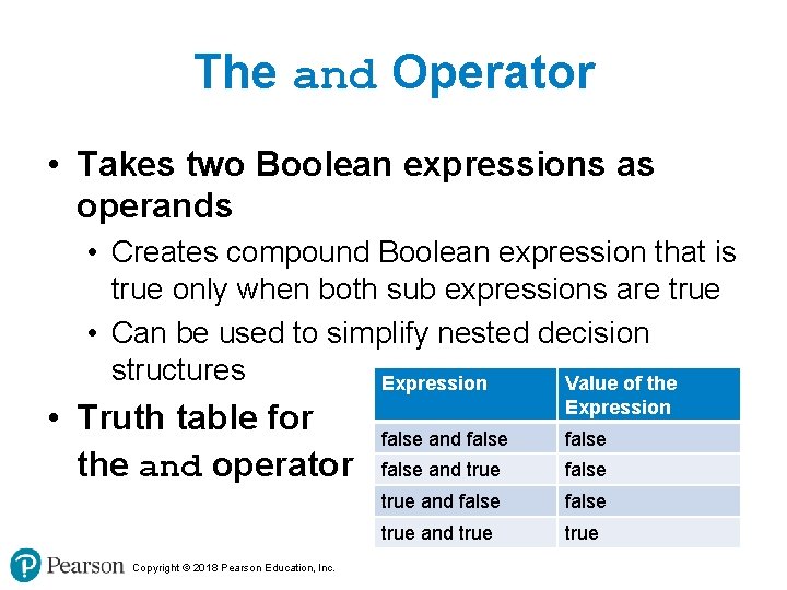 The and Operator • Takes two Boolean expressions as operands • Creates compound Boolean