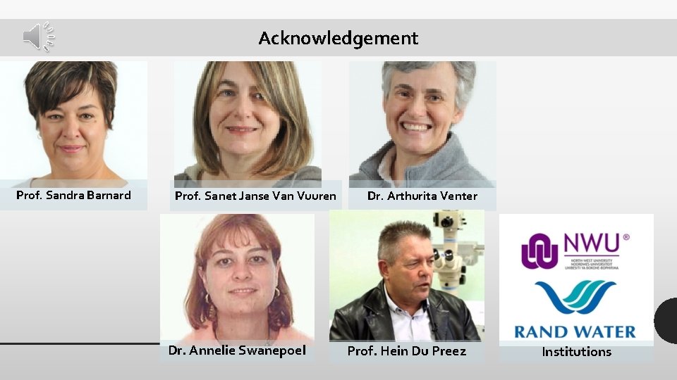 Acknowledgement Prof. Sandra Barnard Prof. Sanet Janse Van Vuuren Dr. Annelie Swanepoel Dr. Arthurita