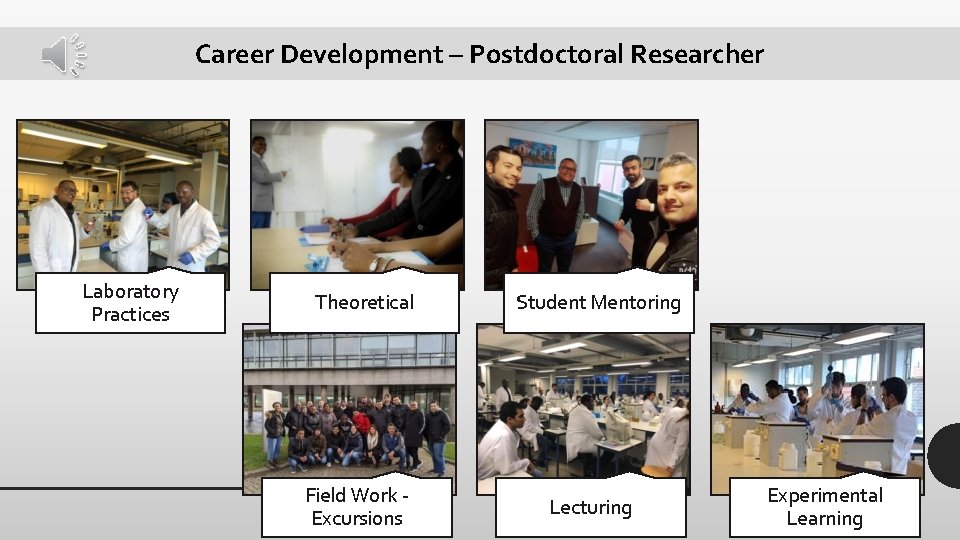 Career Development – Postdoctoral Researcher Laboratory Practices Theoretical Field Work Excursions Student Mentoring Lecturing