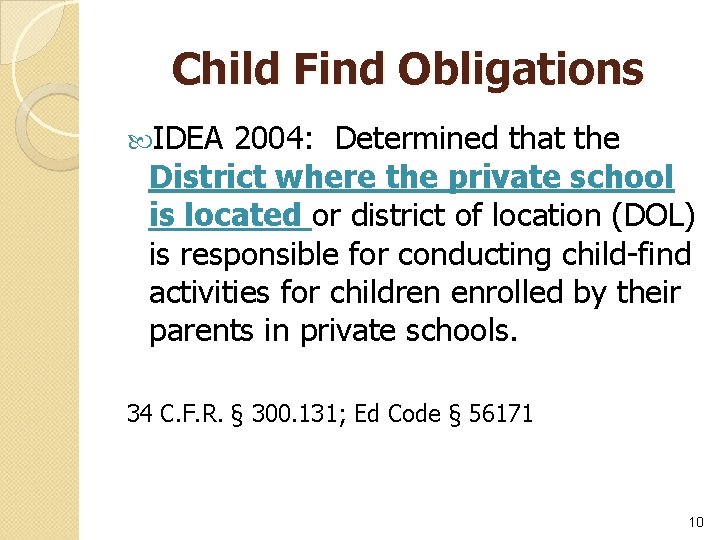 Child Find Obligations IDEA 2004: Determined that the District where the private school is