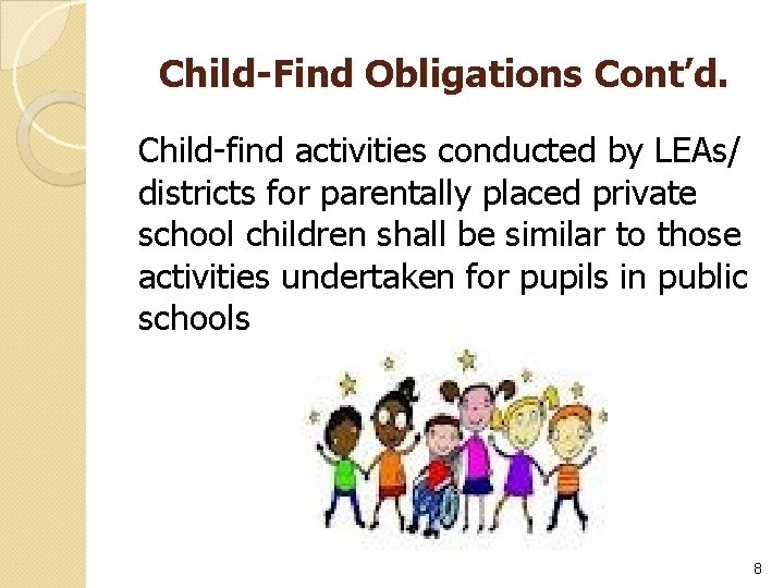 Child-Find Obligations Cont’d. Child-find activities conducted by LEAs/ districts for parentally placed private school