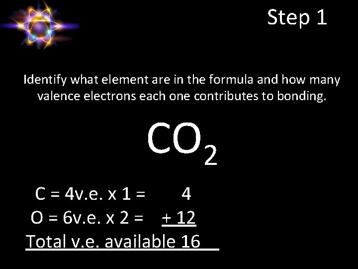Step 1 Identify what element are in the formula and how many valence electrons