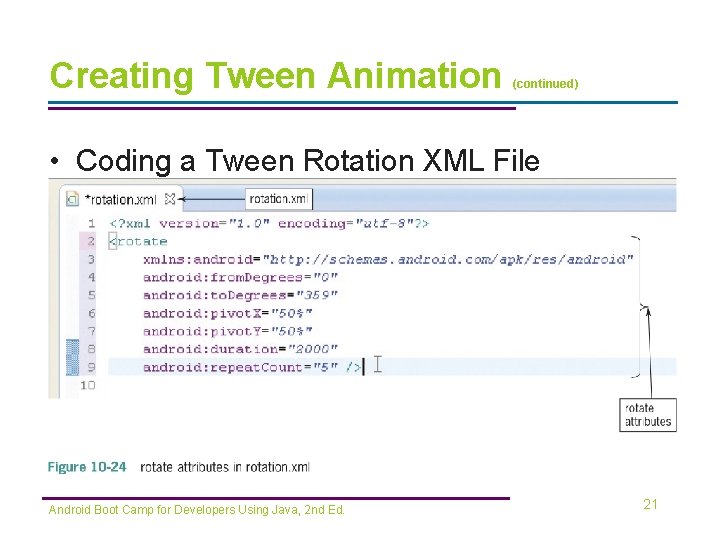 Creating Tween Animation (continued) • Coding a Tween Rotation XML File Android Boot Camp