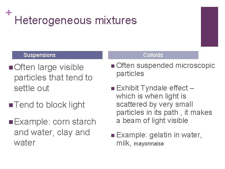 + Heterogeneous mixtures Suspensions n Often large visible particles that tend to settle out