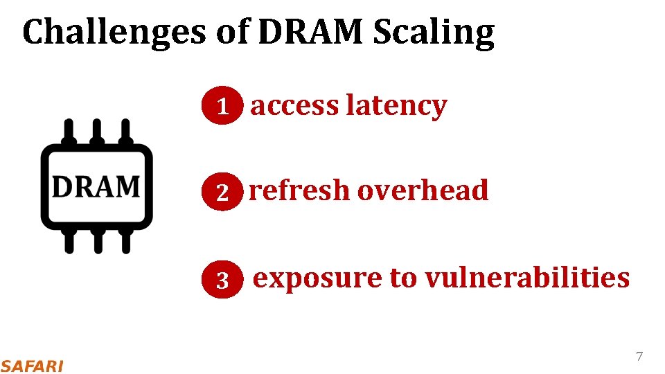 Challenges of DRAM Scaling 1 access latency 2 refresh overhead 3 exposure to vulnerabilities