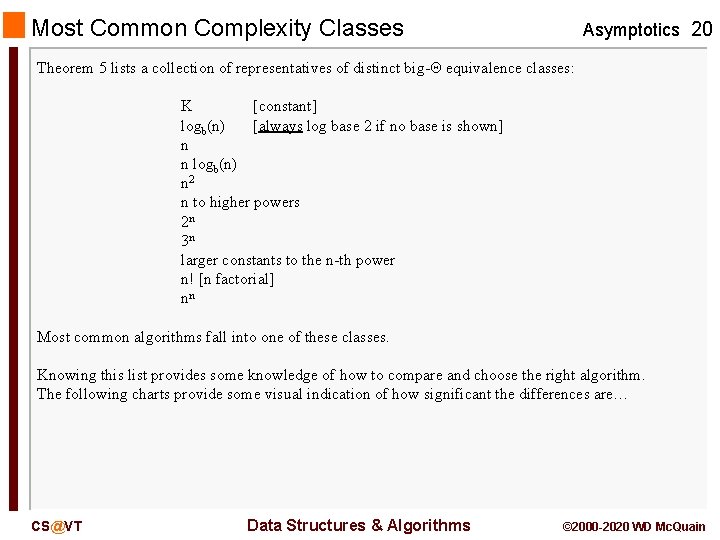 Most Common Complexity Classes Asymptotics 20 Theorem 5 lists a collection of representatives of