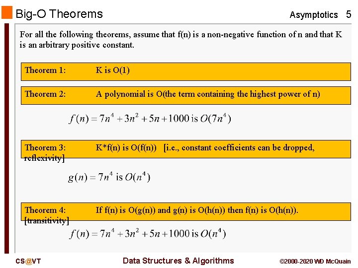 Big-O Theorems Asymptotics 5 For all the following theorems, assume that f(n) is a