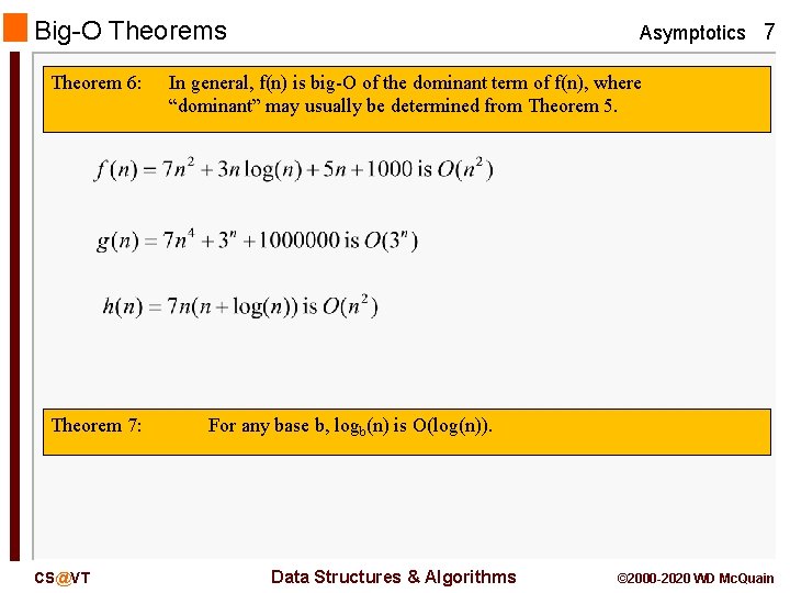 Big-O Theorems Theorem 6: Theorem 7: CS@VT Asymptotics 7 In general, f(n) is big-O