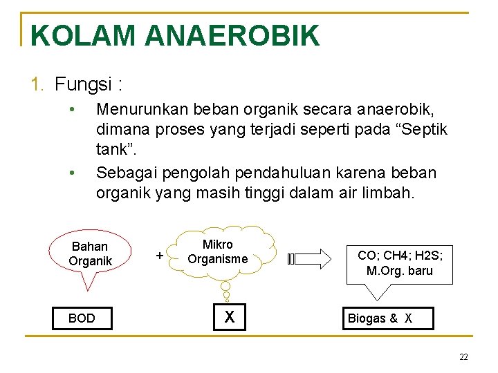 KOLAM ANAEROBIK 1. Fungsi : • • Menurunkan beban organik secara anaerobik, dimana proses