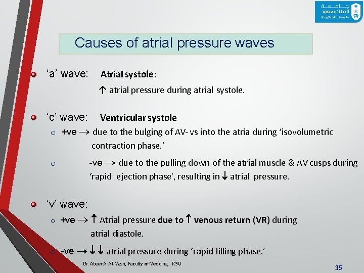 Causes of atrial pressure waves ‘a’ wave: Atrial systole: ↑ atrial pressure during atrial