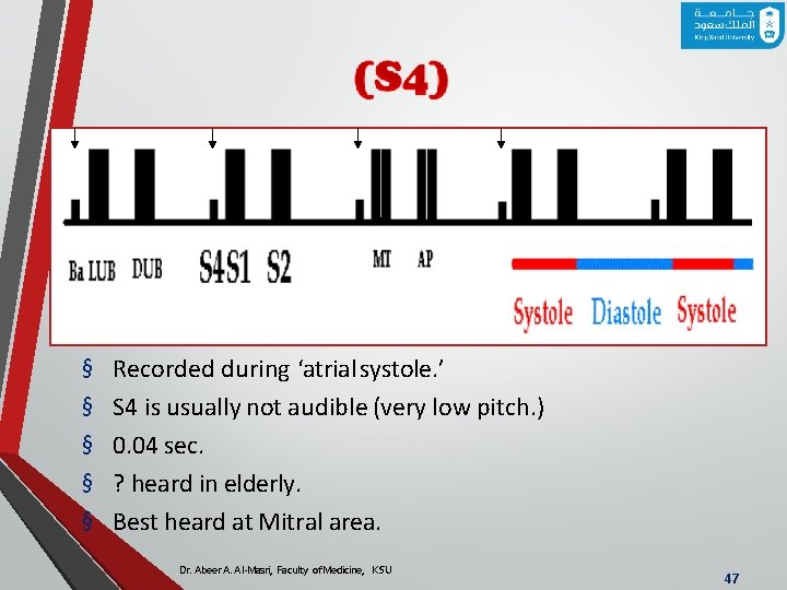 § § § Recorded during ‘atrial systole. ’ S 4 is usually not audible