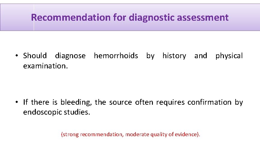 Recommendation for diagnostic assessment • Should diagnose hemorrhoids by history and physical examination. •