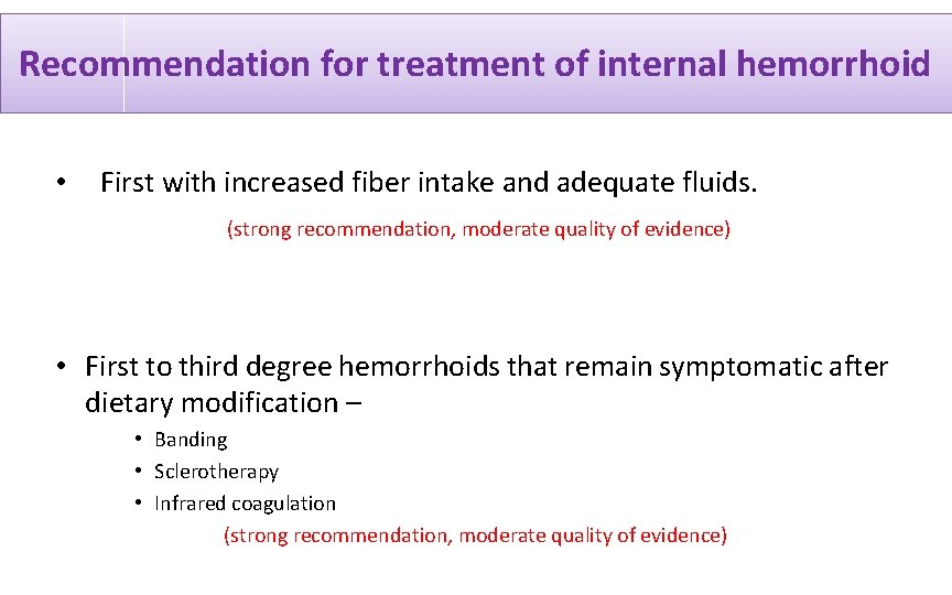 Recommendation for treatment of internal hemorrhoid • First with increased fiber intake and adequate