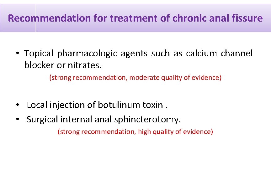 Recommendation for treatment of chronic anal fissure • Topical pharmacologic agents such as calcium