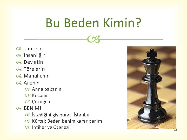 Bu Beden Kimin? Tanrının İnsanlığın Devletin Törelerin Mahallenin Ailenin Anne babanın Kocanın Çocuğun BENİM!