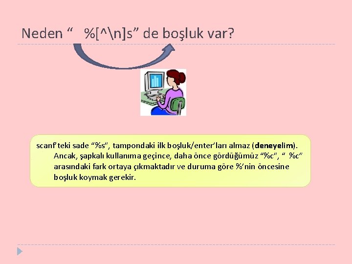 Neden “ %[^n]s” de boşluk var? scanf’teki sade “%s”, tampondaki ilk boşluk/enter’ları almaz (deneyelim).