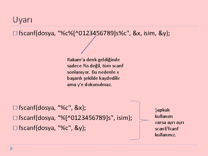 Uyarı � fscanf(dosya, “%c%[^0123456789]s%c", &x, isim, &y); Rakam’a denk geldiğinde sadece %s değil, tüm