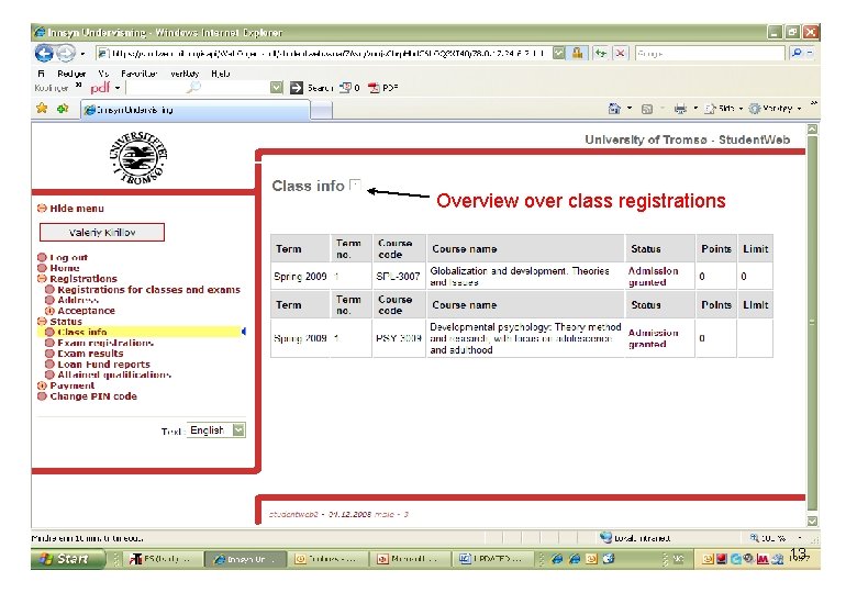 Overview over class registrations 13 