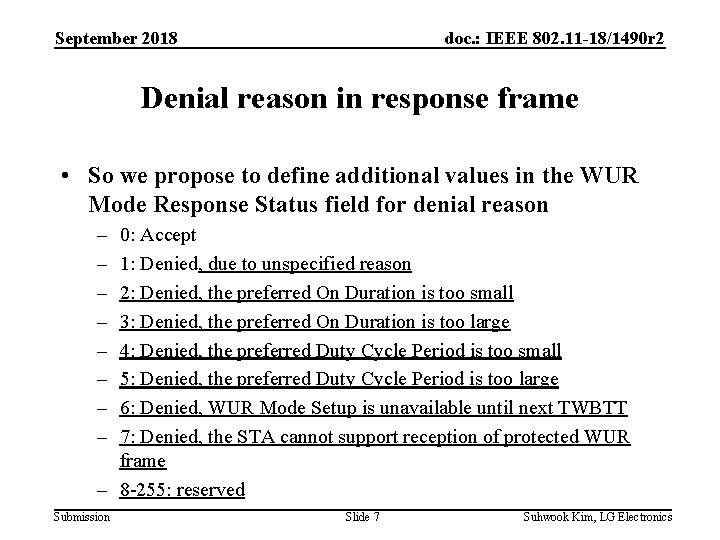 September 2018 doc. : IEEE 802. 11 -18/1490 r 2 Denial reason in response
