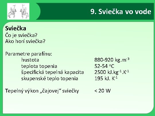 9. Sviečka vo vode Sviečka Čo je sviečka? Ako horí sviečka? Parametre parafínu: hustota