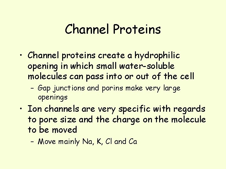 Channel Proteins • Channel proteins create a hydrophilic opening in which small water-soluble molecules