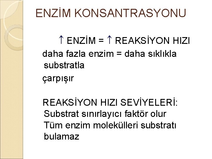ENZİM KONSANTRASYONU ENZİM = REAKSİYON HIZI daha fazla enzim = daha sıklıkla substratla çarpışır