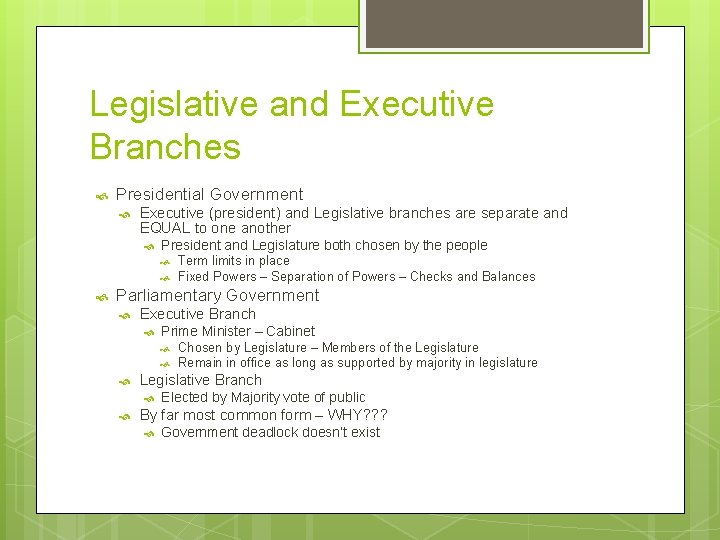 Legislative and Executive Branches Presidential Government Executive (president) and Legislative branches are separate and