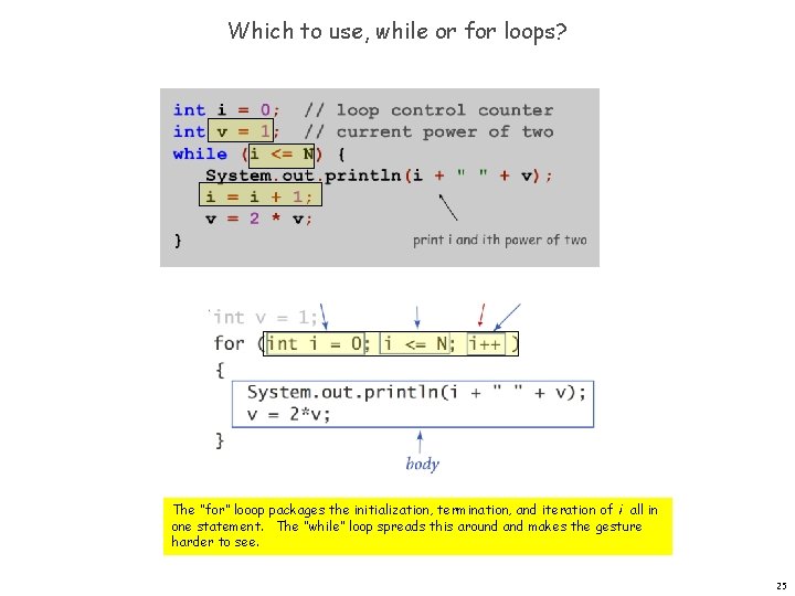Which to use, while or for loops? The “for” looop packages the initialization, termination, Which to use, while or for loops? The “for” looop packages the initialization, termination,