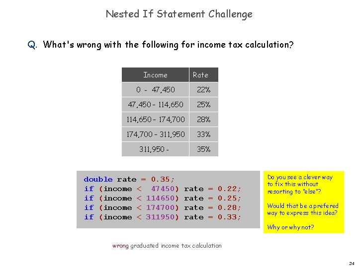 Nested If Statement Challenge Q. What's wrong with the following for income tax calculation? Nested If Statement Challenge Q. What's wrong with the following for income tax calculation?