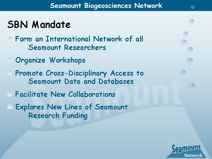 SBN Mandate Form an International Network of all Seamount Researchers Organize Workshops Promote Cross-Disciplinary