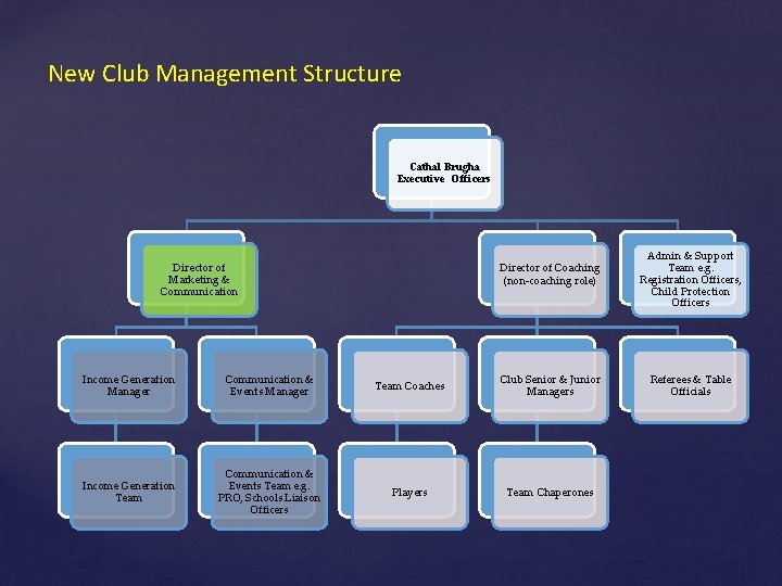 New Club Management Structure Cathal Brugha Executive Officers Director of Coaching (non-coaching role) Director