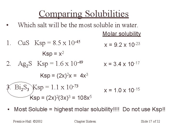 Comparing Solubilities • Which salt will be the most soluble in water. Molar solubility