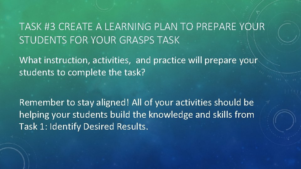 TASK #3 CREATE A LEARNING PLAN TO PREPARE YOUR STUDENTS FOR YOUR GRASPS TASK