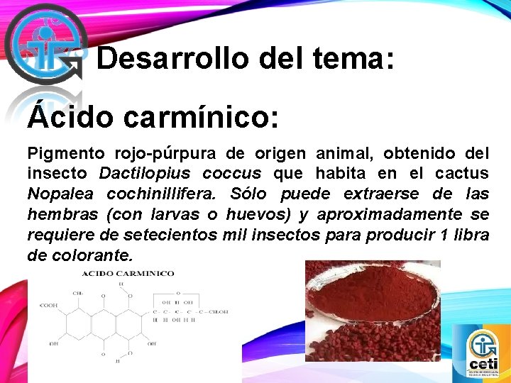 Desarrollo del tema: Ácido carmínico: Pigmento rojo-púrpura de origen animal, obtenido del insecto Dactilopius
