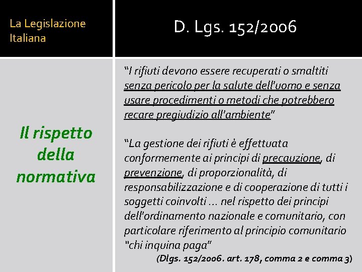 La Legislazione Italiana Il rispetto della normativa D. Lgs. 152/2006 “I rifiuti devono essere