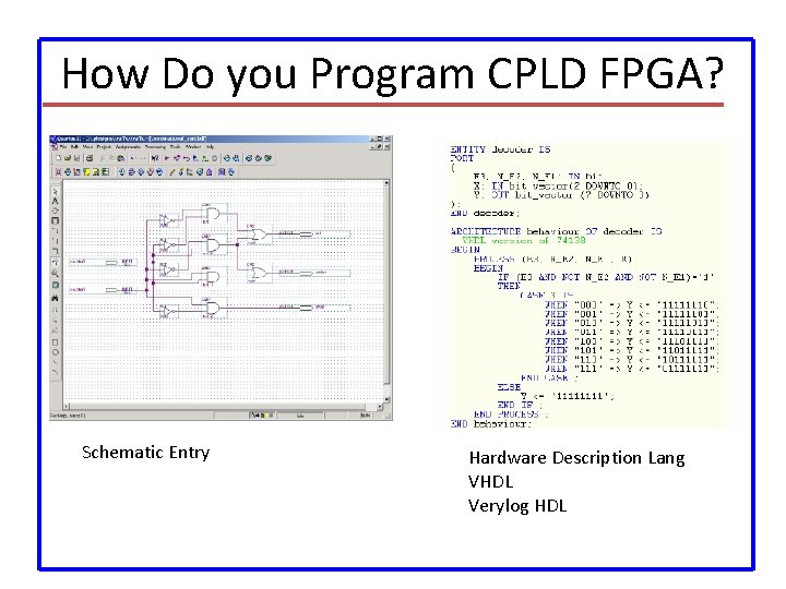 How Do you Program CPLD FPGA? Schematic Entry Hardware Description Lang VHDL Verylog HDL