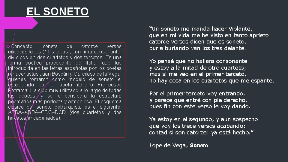 EL SONETO Concepto: consta de catorce versos endecasílabos (11 sílabas), con rima consonante, divididos