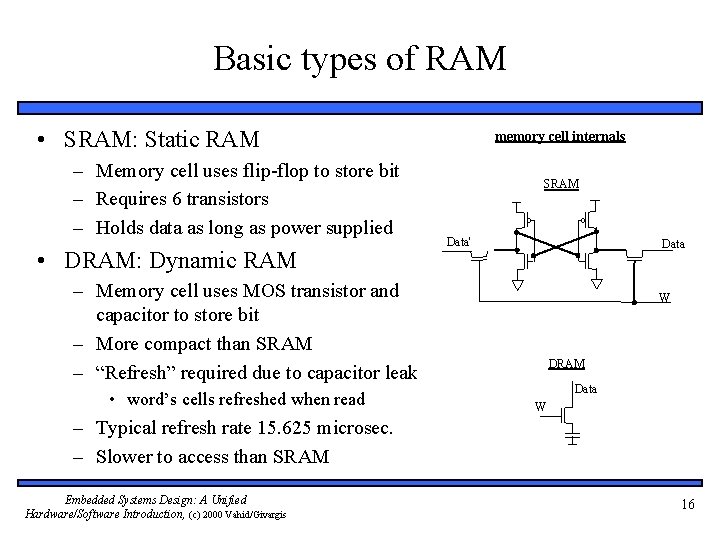 Basic types of RAM • SRAM: Static RAM – Memory cell uses flip-flop to