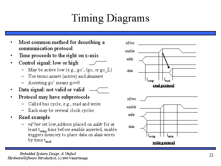 Timing Diagrams • • • Most common method for describing a communication protocol Time