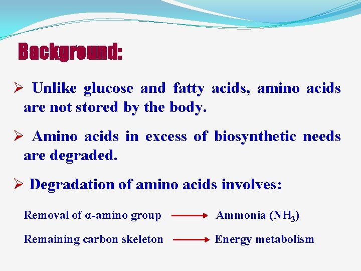 Background: Ø Unlike glucose and fatty acids, amino acids are not stored by the