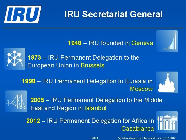 IRU Secretariat General 1948 – IRU founded in Geneva 1973 – IRU Permanent Delegation