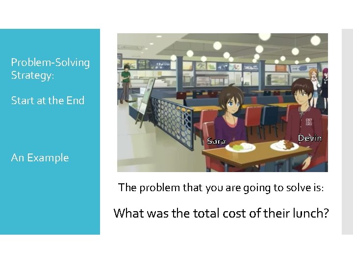 Problem-Solving Strategy: Start at the End Sara Devin An Example The problem that you