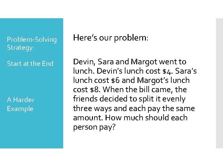 Problem-Solving Strategy: Here’s our problem: Start at the End Devin, Sara and Margot went