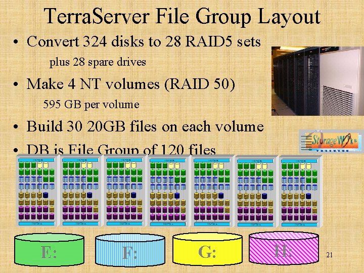 Terra. Server File Group Layout • Convert 324 disks to 28 RAID 5 sets