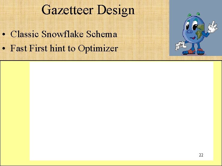 Gazetteer Design • Classic Snowflake Schema • Fast First hint to Optimizer 22 