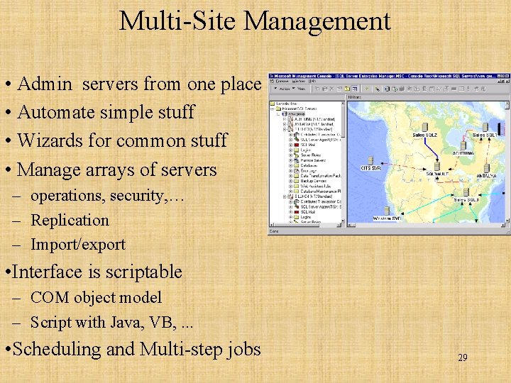 Multi-Site Management • Admin servers from one place • Automate simple stuff • Wizards