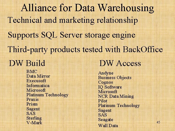 Alliance for Data Warehousing Technical and marketing relationship Supports SQL Server storage engine Third-party