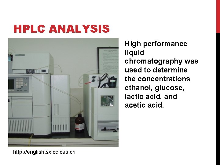 HPLC ANALYSIS High performance liquid chromatography was used to determine the concentrations ethanol, glucose,