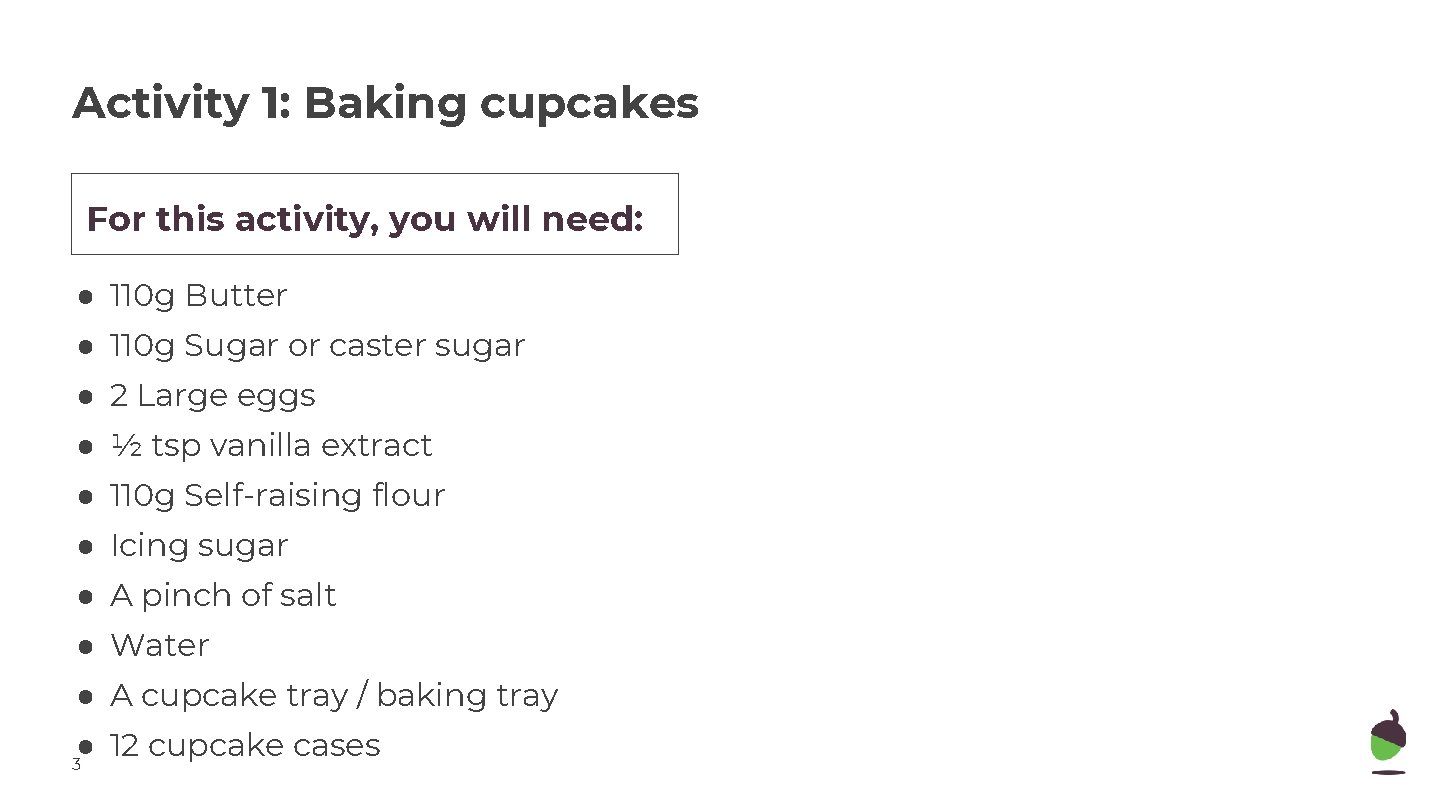 Activity 1: Baking cupcakes For this activity, you will need: ● 110 g Butter